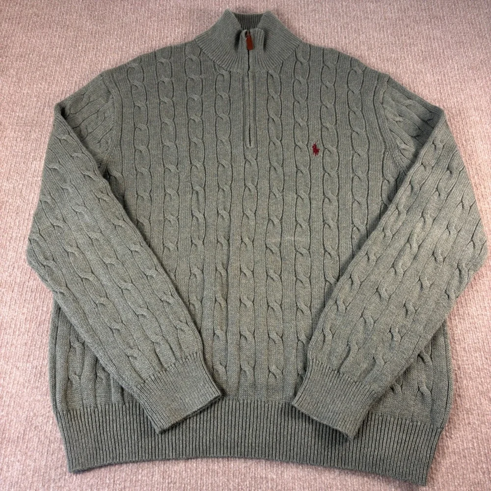 Polo Ralph Lauren Mens XXL Green Cable Knit 1/4 Zip Cotton Sweater Sage Heather